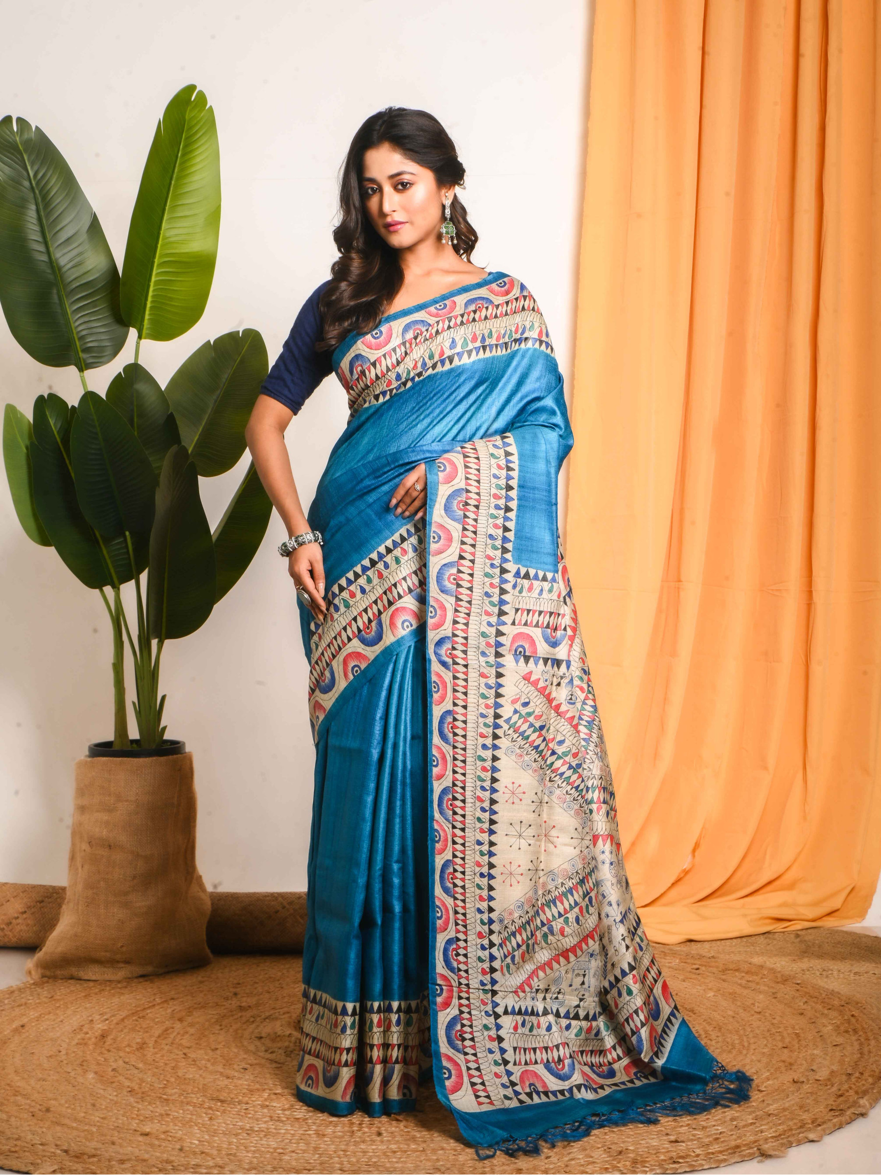 Madhubani Hand Paint Tussar Saree in Shades of Blue - BSHP30